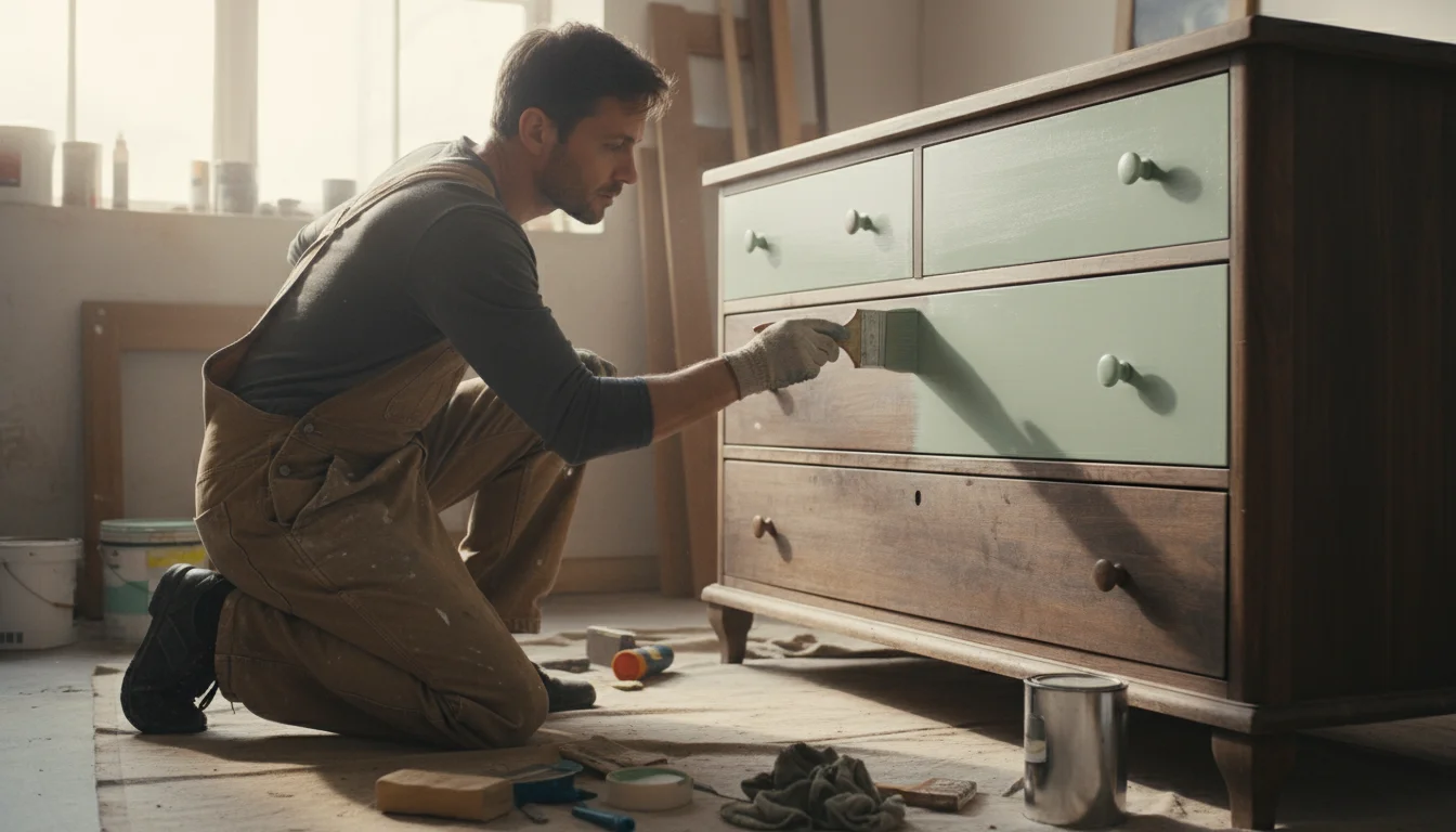 Person applying light sage green paint to a vintage wooden dresser with a brush in a well-lit home workshop.