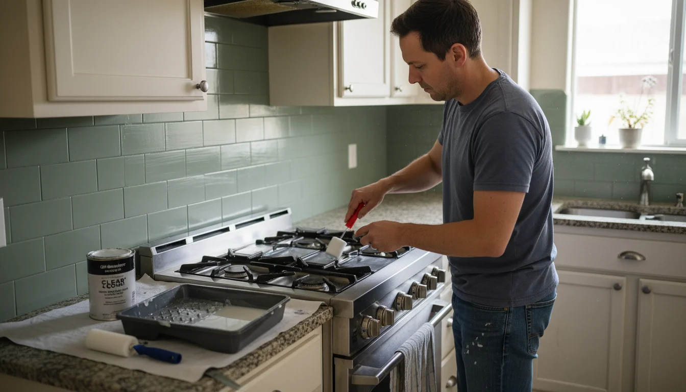 Person applying clear sealer to a freshly painted sage green kitchen backsplash above a stovetop. Tools on counter.