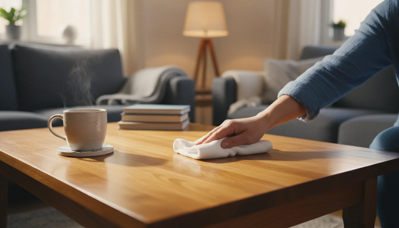 A person's arm gently cleans a refinished wooden coffee table with a soft cloth. A coaster protects the surface under a mug.