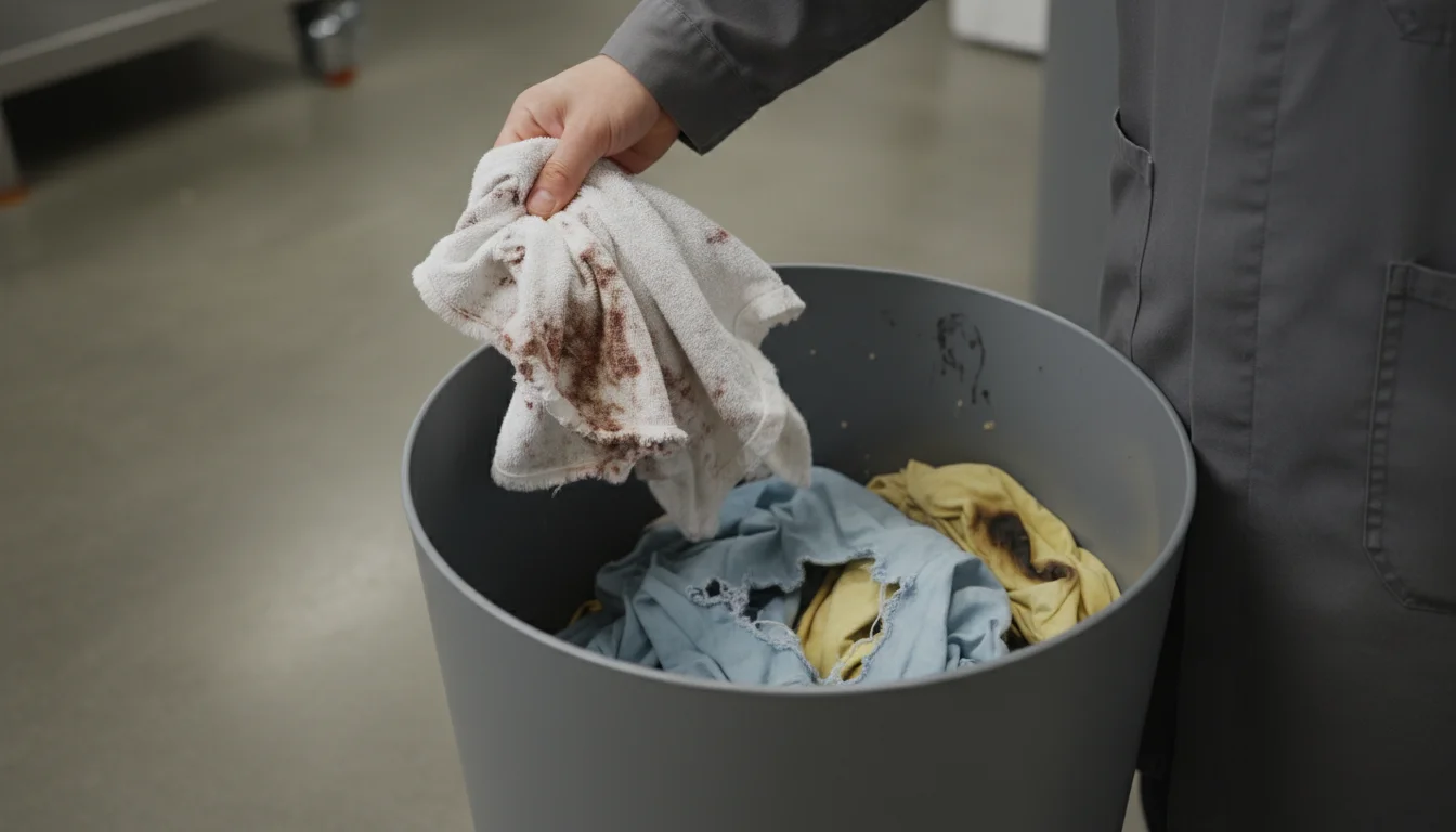 Person's arm dropping a badly stained, frayed towel into a waste bin. Other damaged linens are visible inside the bin, suggesting decluttering.