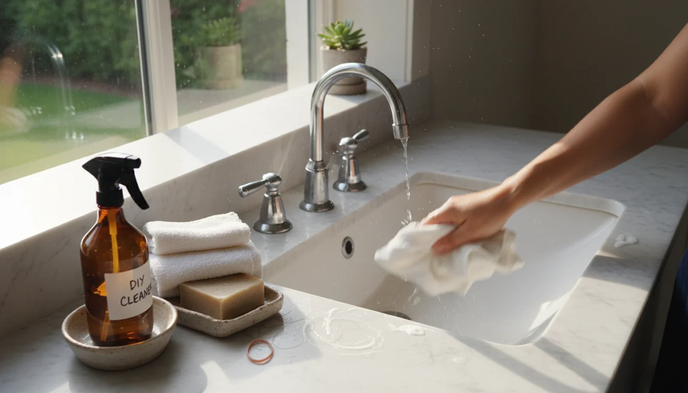 A person's arm quickly wipes a bathroom sink with a white cloth, a DIY amber cleaning spray bottle on the counter, in soft morning light.