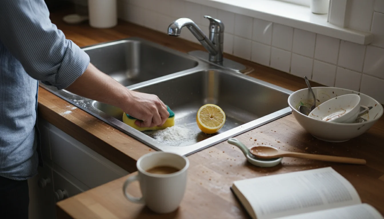 Person's arm scrubbing a stainless steel kitchen sink with baking soda. A cut lemon and ice cubes are ready by the drain for the garbage disposal, emp