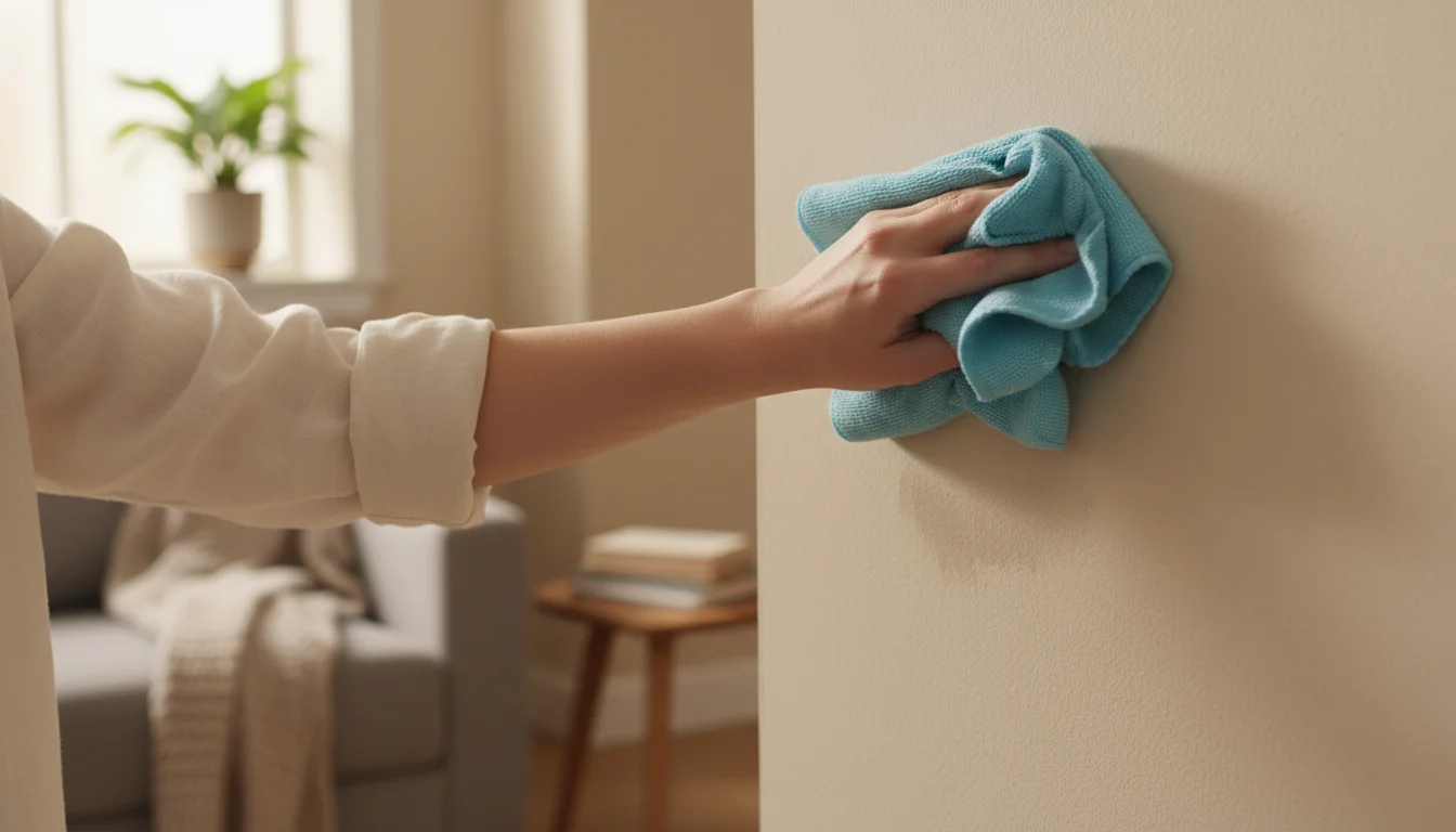 A person's arm gently wipes a light-colored painted wall with a damp microfiber cloth, cleaning a small mark in a cozy room.