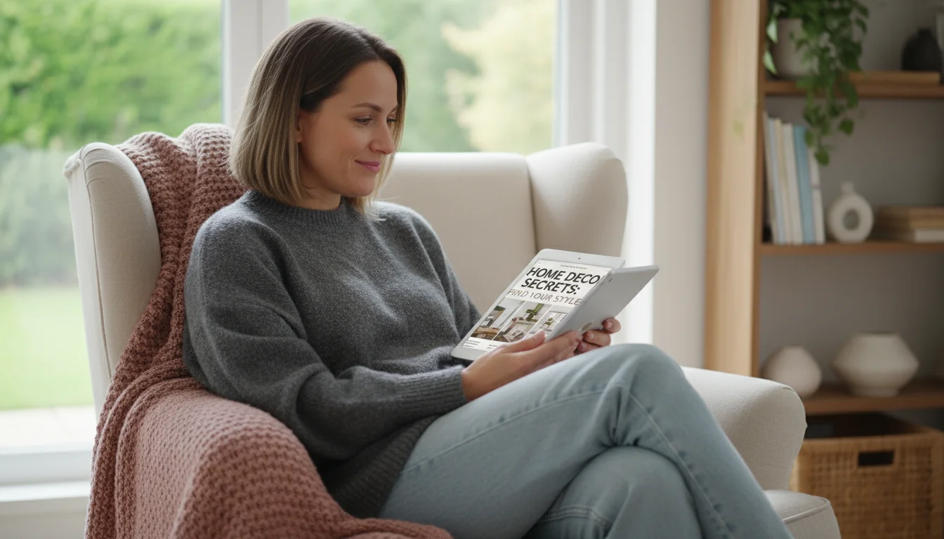 Person in armchair looking at tablet, contemplating home decor ideas in a cozy, naturally lit living room.