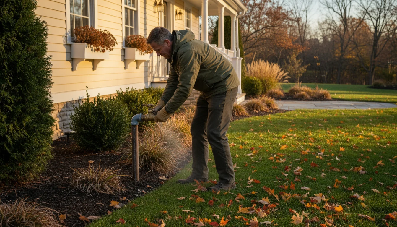 A person in an autumn jacket turns a brass drain valve on an outdoor irrigation pipe next to a house, with fall leaves on the lawn.