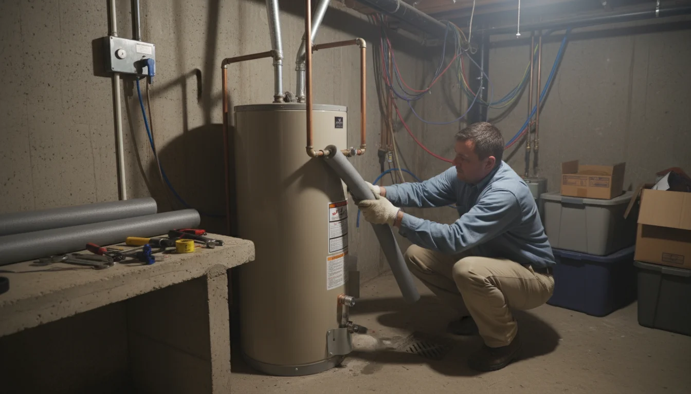 A person in a basement insulates a water heater pipe with grey foam. Sections of pipes are already insulated.