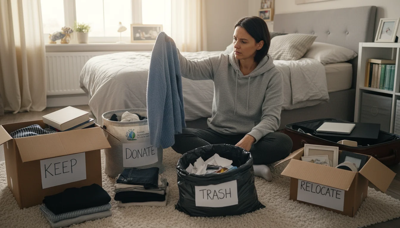 A person on a bedroom floor actively sorting clothes and items into four distinct piles labeled or implied for 'Keep,' 'Donate,' 'Trash,' and 'Relocat