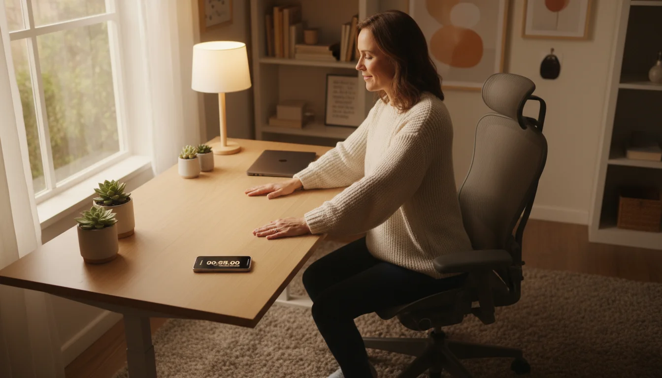 Person beginning to stand up from a home office desk, with a digital timer visible, in a warmly lit, organized space.