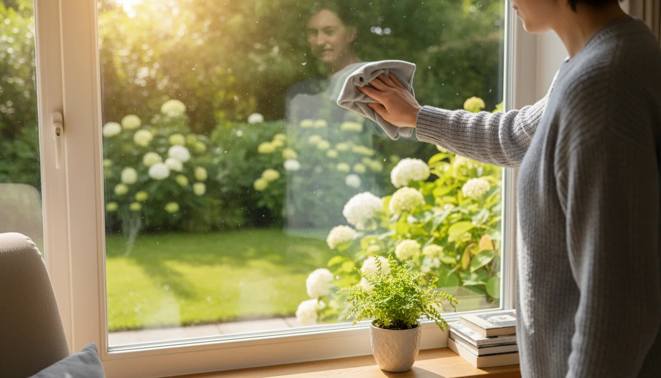Person from behind, casually wiping a clear window with a cloth, showing a bright garden view through the glass.