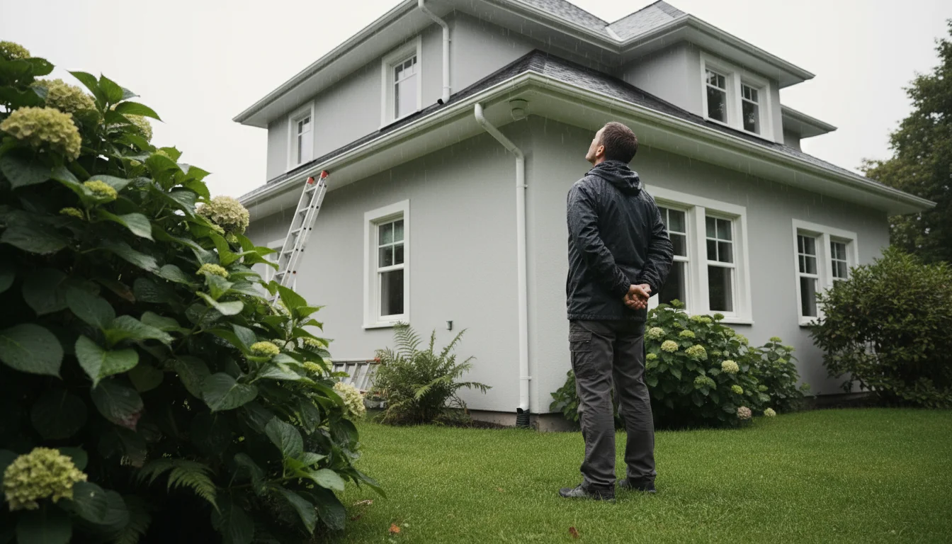 Person from behind on a lawn, looking up at a home's white gutter and downspout after rain.