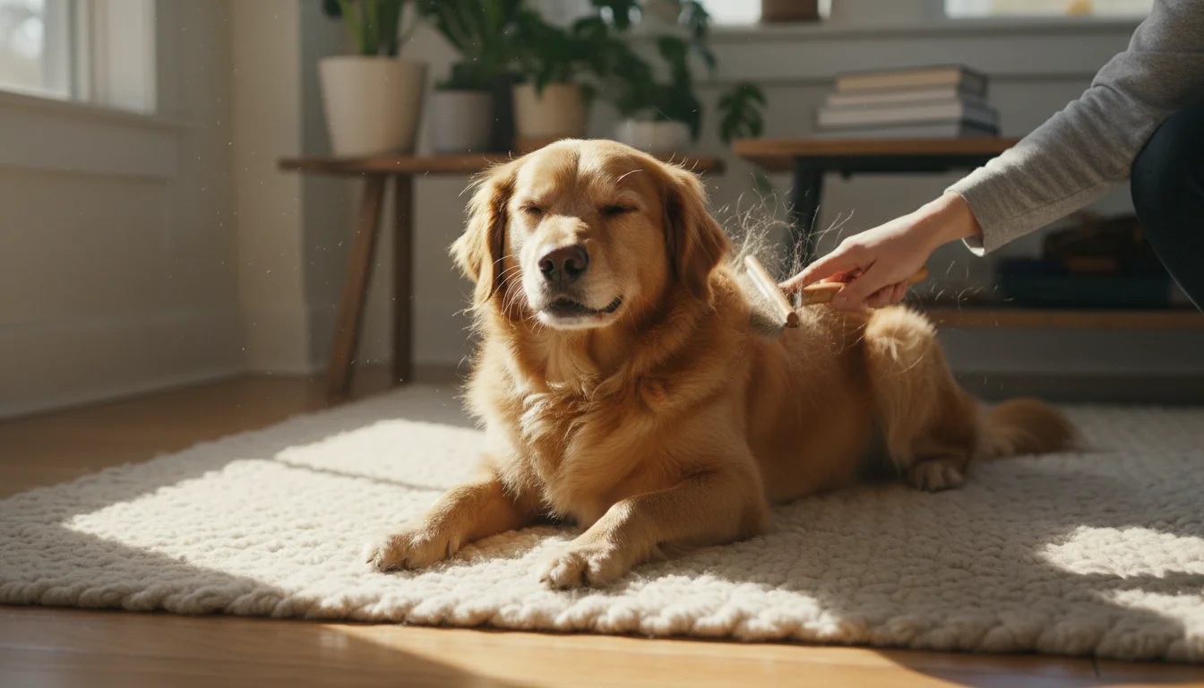 A person gently brushes a contented golden retriever mix dog lying on a cozy rug in a sunlit living room.