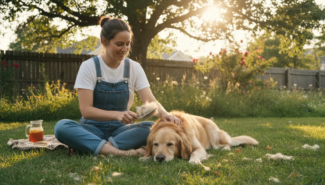 A person gently brushes a relaxed, fluffy dog outdoors in a sunny backyard, with loose fur visible on the brush.