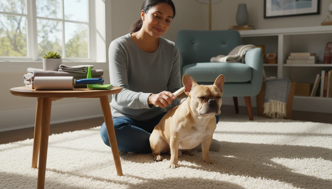 Person gently brushing a short-haired dog on a cozy rug. A lint roller and rubber squeegee are on a side table in a sunny living room.