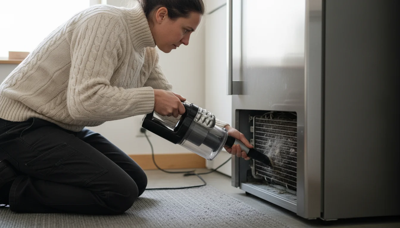 A person in a cable-knit sweater kneels behind a stainless steel refrigerator, carefully vacuuming dust from its condenser coils.