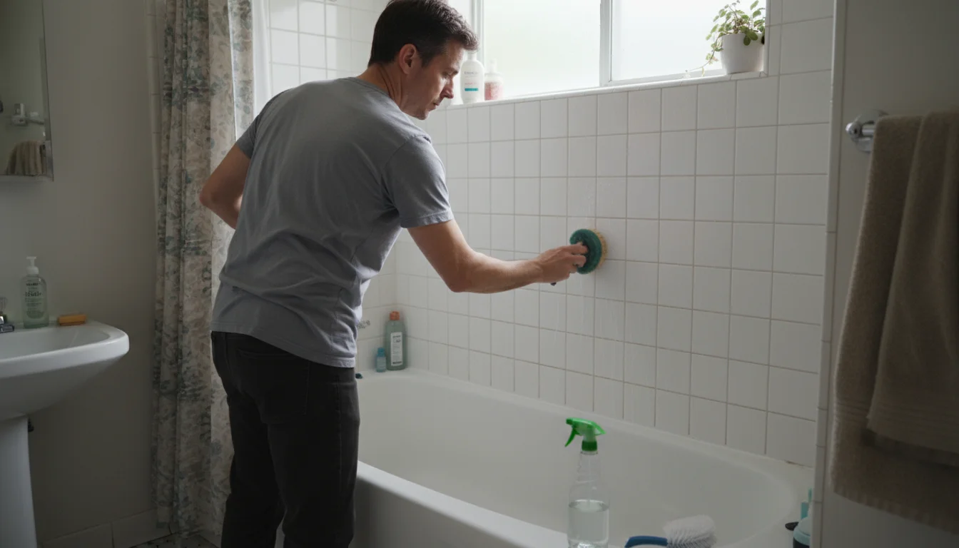 A person in casual clothes actively scrubs the tiled wall of a shower-over-tub with a brush in a bright bathroom.