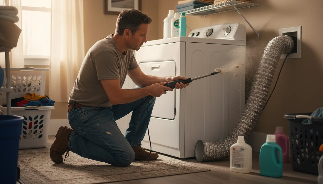 Person in casual clothes kneeling behind a dryer, vacuuming lint from a flexible dryer vent hose in a compact laundry room.