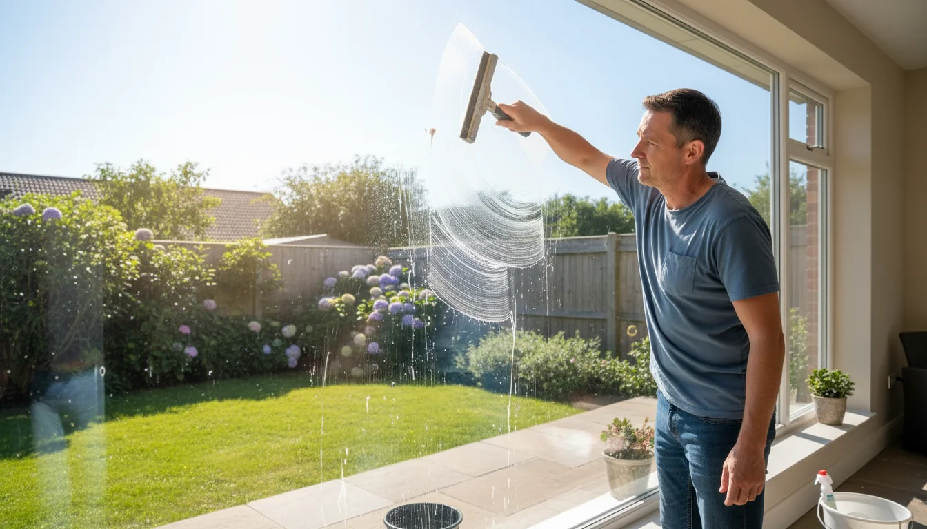 Person in casual clothes methodically squeegeeing a large home window; top section sparkling clean, bottom still wet with solution.