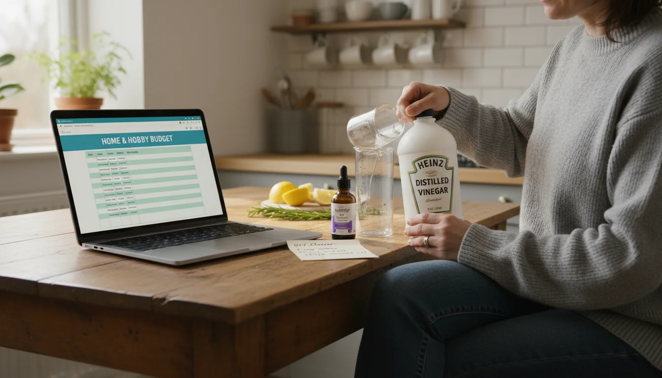 Person in casual clothes mixing DIY cleaner next to a laptop displaying a home maintenance budget spreadsheet.