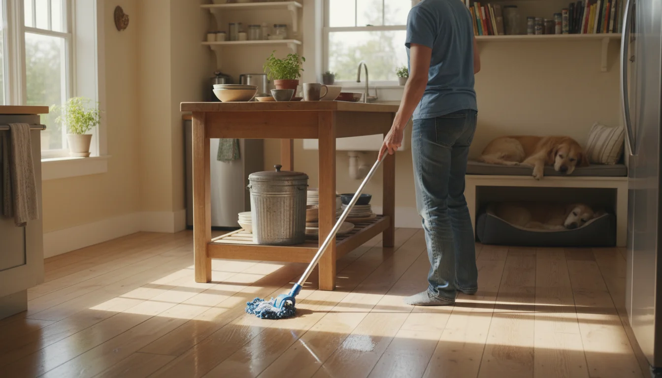 Person in casual clothes mopping a sunny kitchen floor near a kitchen island.