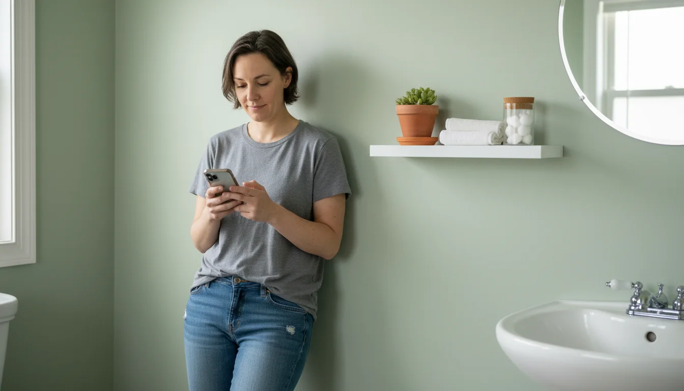 Person in casual clothes looking at a phone, leaning against a light bathroom wall with a simple shelf and plant.