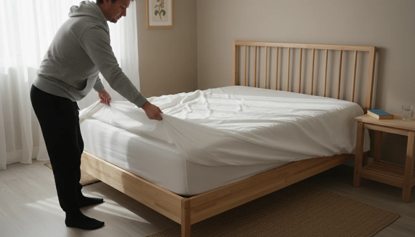 Person in casual clothes puts a plain white allergen-proof cover on a mattress in a cozy bedroom with natural light.