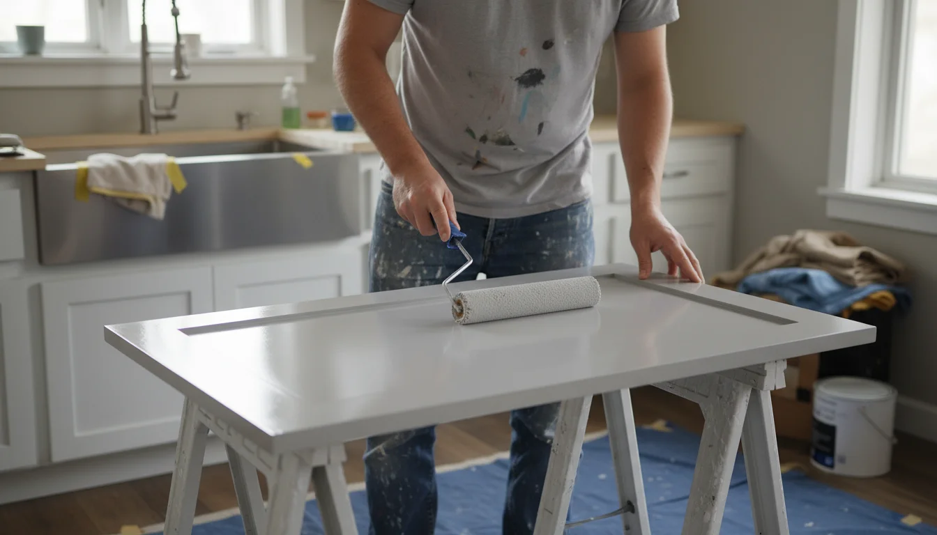 Person in casual clothes carefully rolls a thin, even coat of light grey paint onto a kitchen cabinet door laid flat on sawhorses.