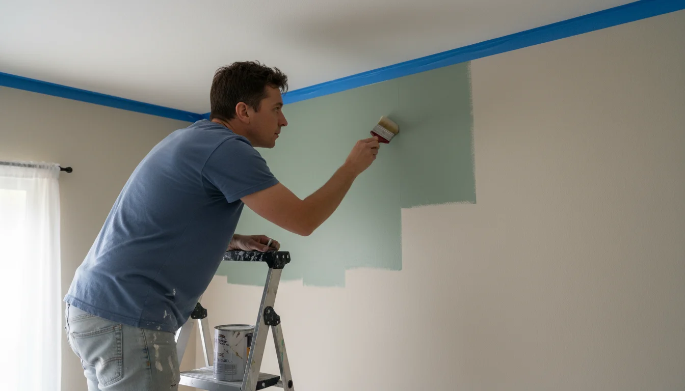 A person in casual clothes uses an angled paintbrush to paint a crisp, muted sage green line along a taped ceiling edge, beginning an accent wall.