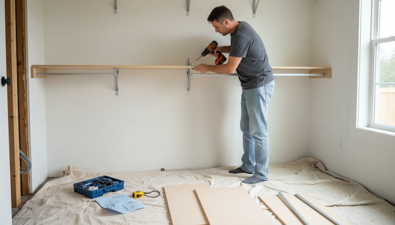 Person in casual clothes using a power drill to install a modular shelf bracket onto a closet wall.