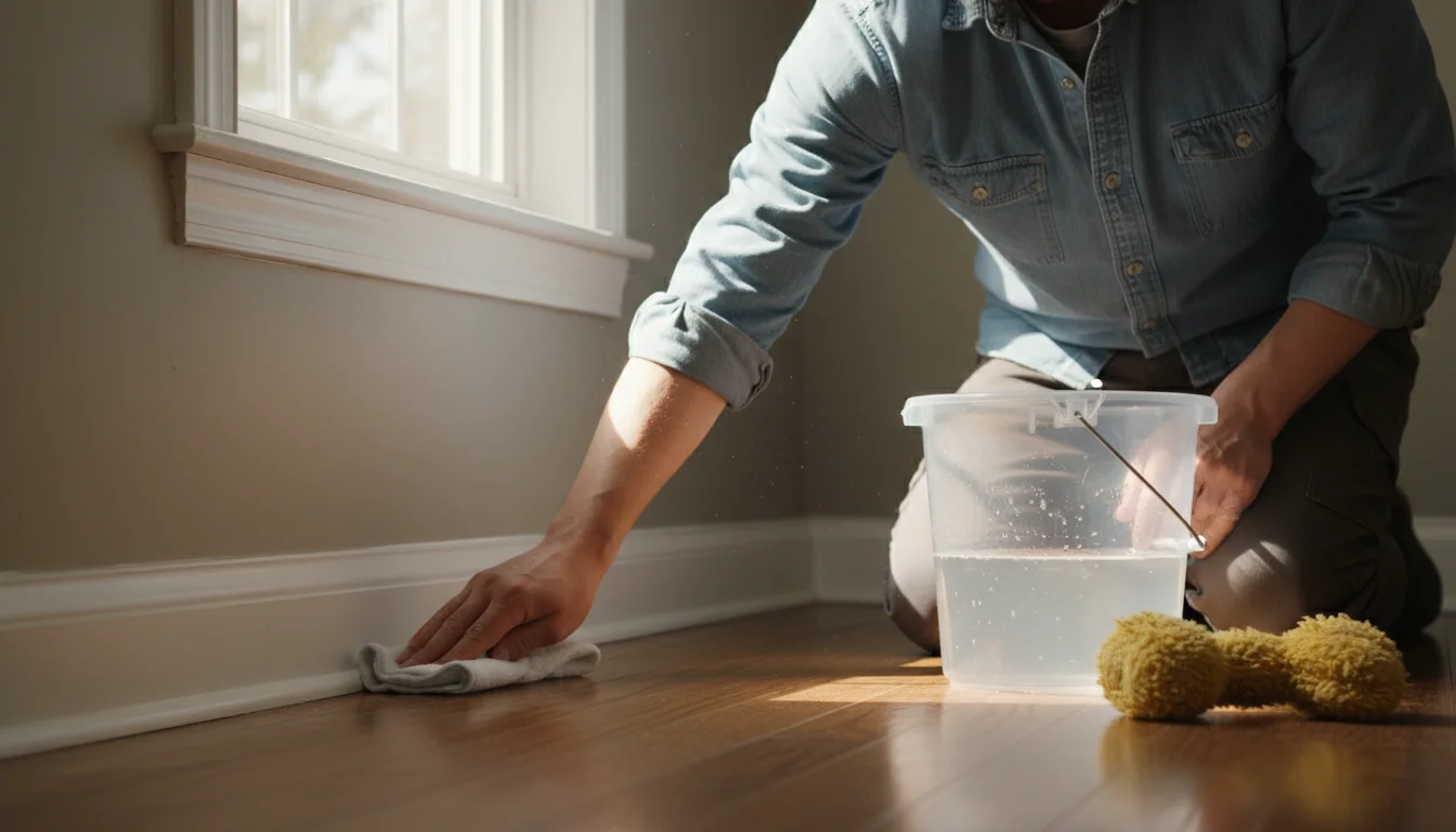 A person in casual clothes wipes a white baseboard with a cloth, a bucket and dog toy on the floor nearby.