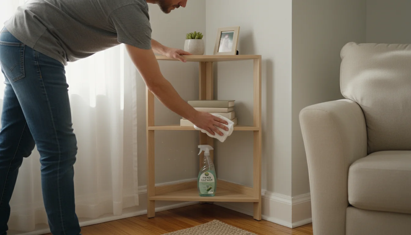 A person in casual clothes wiping a wooden corner shelf with a cloth in a bright, organized living room. Books and a plant are on the shelves.