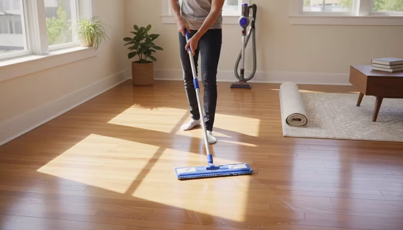 Person in a casual outfit damp-mopping a hardwood floor in a sunlit living room. A stick vacuum leans against a wall.
