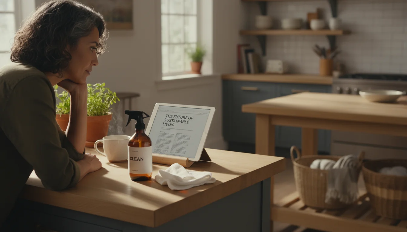 A person casually reads an article on a tablet on a light wood kitchen counter next to a glass spray bottle and cloth.
