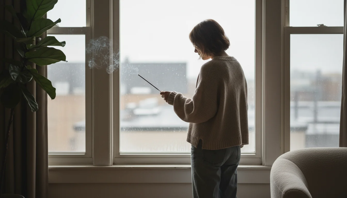 Person checking a closed window for drafts with a lit incense stick, smoke visibly moving.
