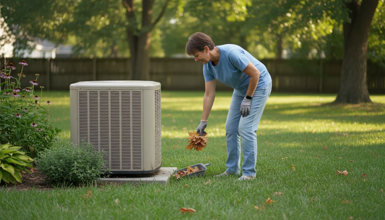 A person clearing fallen leaves from an outdoor home air conditioner unit in a sunny, well-maintained backyard.