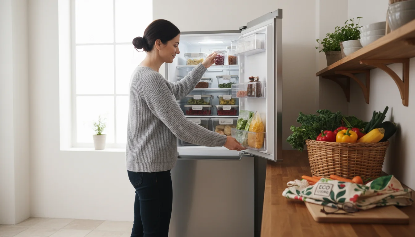 A person closes the top freezer door of a modern, sleek refrigerator. Organized frozen foods are visible inside, with fresh vegetables on the nearby c
