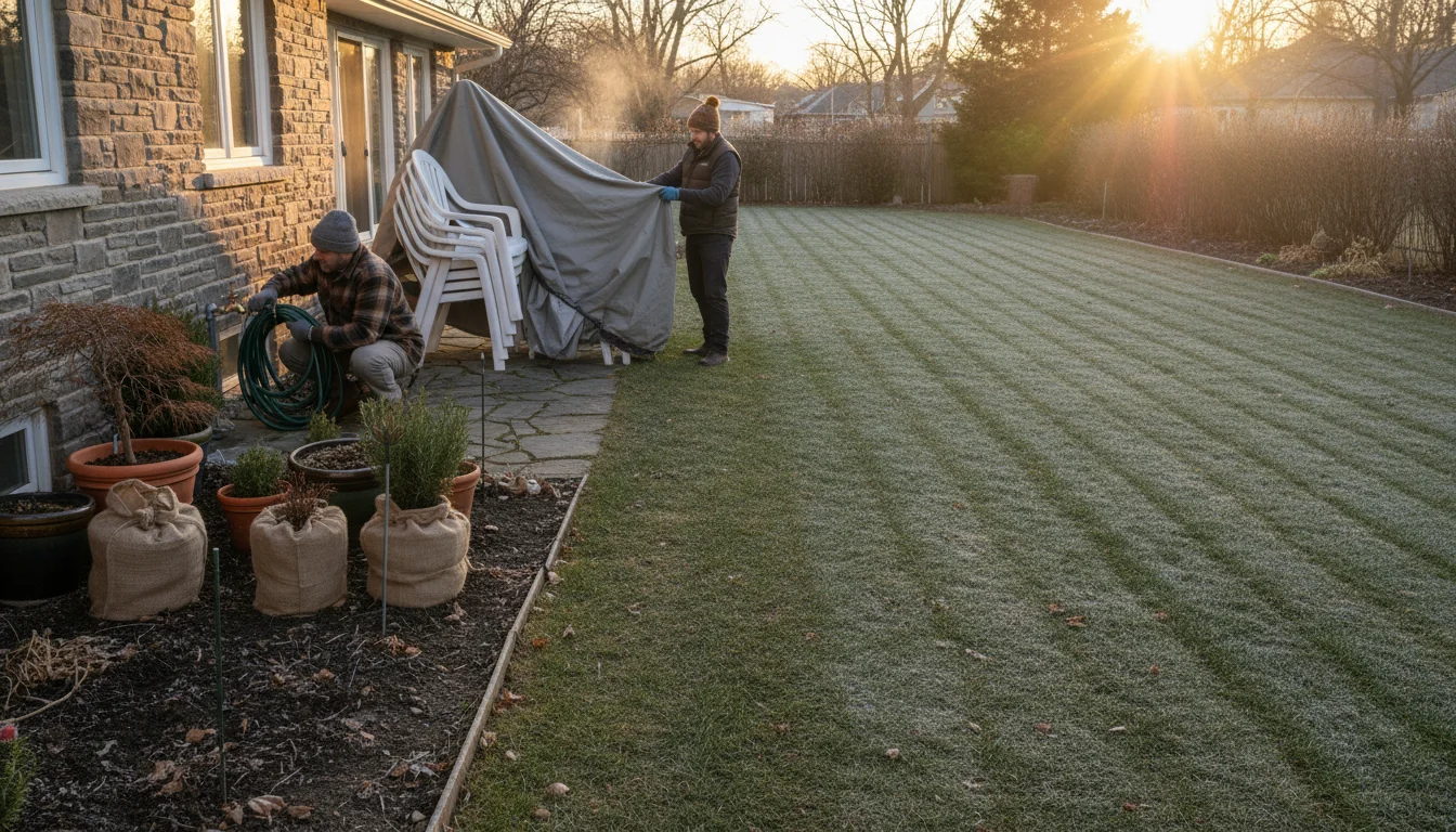 A person coiling a garden hose and another covering patio chairs in a neatly winterized backyard at sunset.