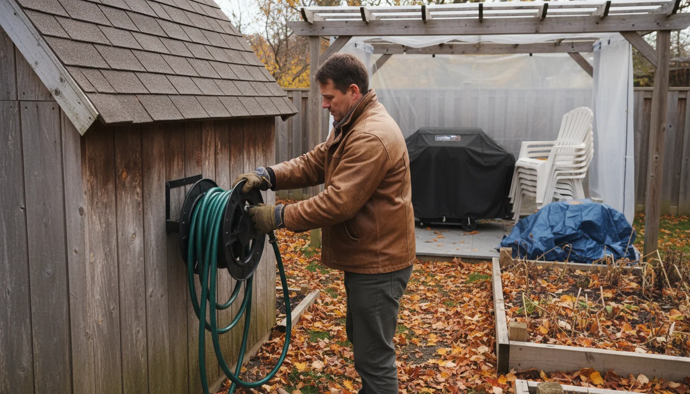 Person coils garden hose onto wall reel beside wooden shed in fall. Covered grill and stacked patio chairs hint at other winter preparations.