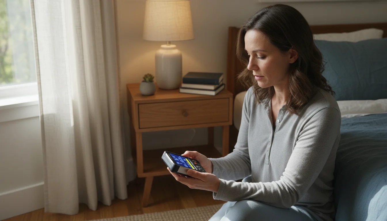A person in a comfortable bedroom holds a modern handheld EMF meter, looking intently at its display with a thoughtful expression.