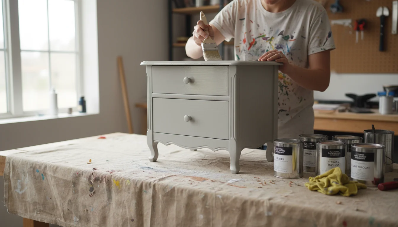 Person in comfortable clothes applying clear topcoat to a painted grey nightstand on a workbench, with finishing supplies nearby.