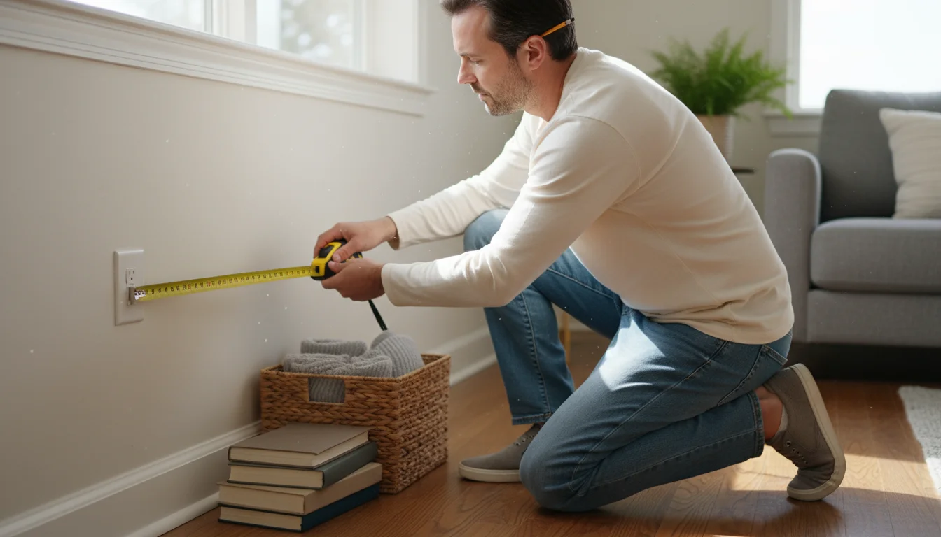 A person in comfortable clothes measures a living room wall with a tape measure, carefully avoiding a light switch. A stack of books sits on the floor