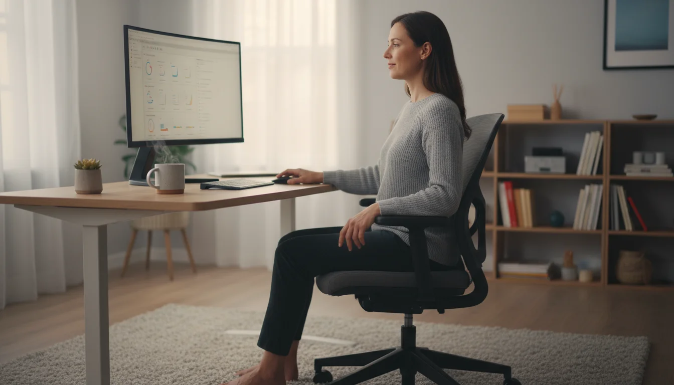 Person in comfortable clothes subtly adjusting their ergonomic office chair height, showing good posture at a tidy home desk.