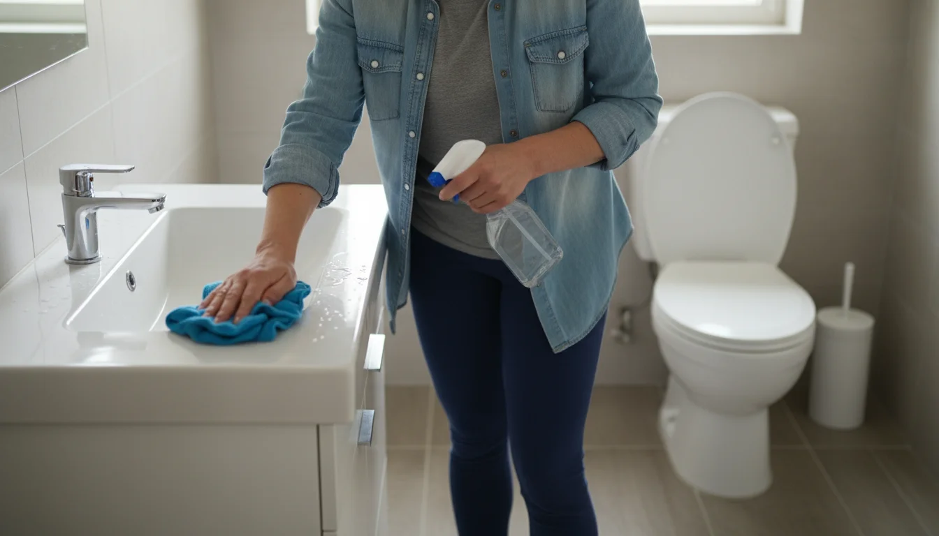 A person in comfortable clothes wipes down a bathroom vanity with a spray bottle and cloth. A toilet is visible in the soft background.