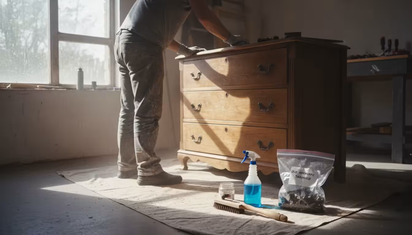Person in comfortable clothes wiping a dusty wooden dresser on a drop cloth with a rag. Labeled hardware and cleaning supplies are nearby.
