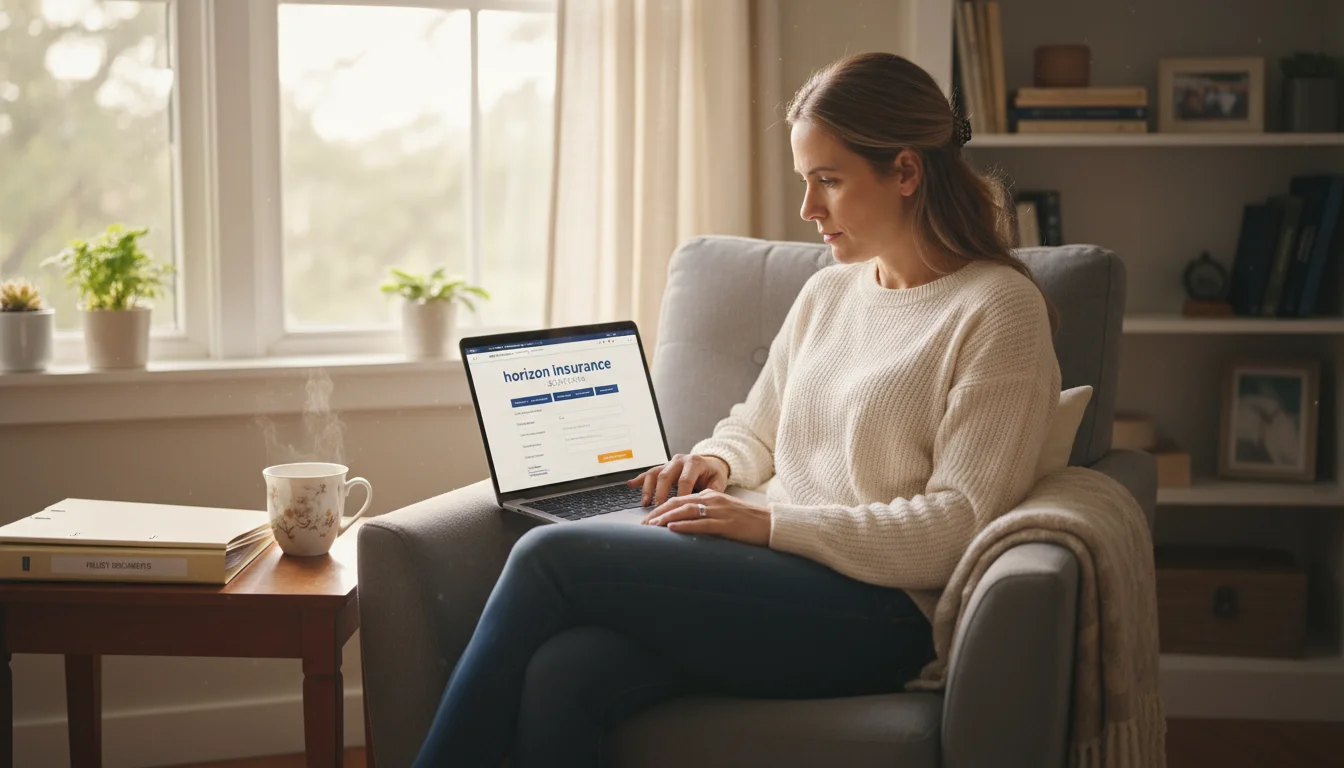 A person in a comfortable home nook thoughtfully reviews insurance details on a laptop, with neat file folders and a warm drink beside them.