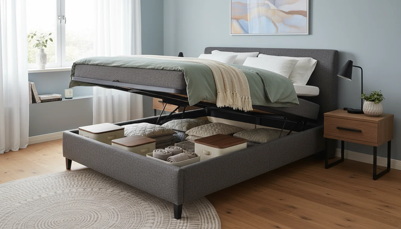 Person in comfortable joggers accessing neatly organized storage under a hydraulic-lift bed, filled with folded blankets and storage bins.