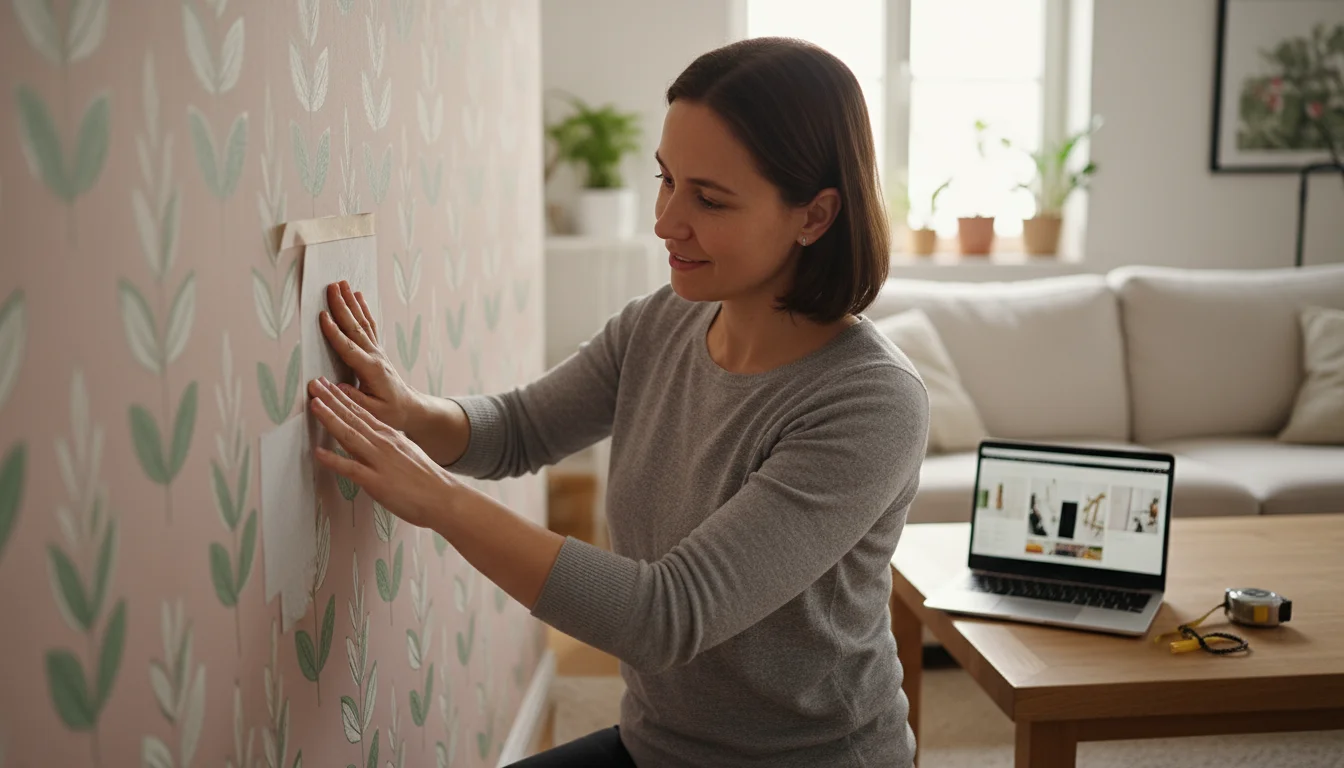 Person in a comfortable long-sleeve shirt gently touches patterned removable wallpaper on a living room wall. A tablet showing FAQs is on a coffee tab