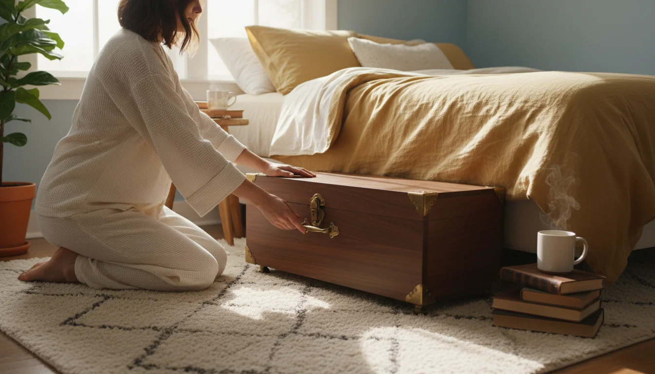 Person in comfortable pajamas kneels, gently sliding a dark wooden trunk with brass latches and wheels from under a bed.
