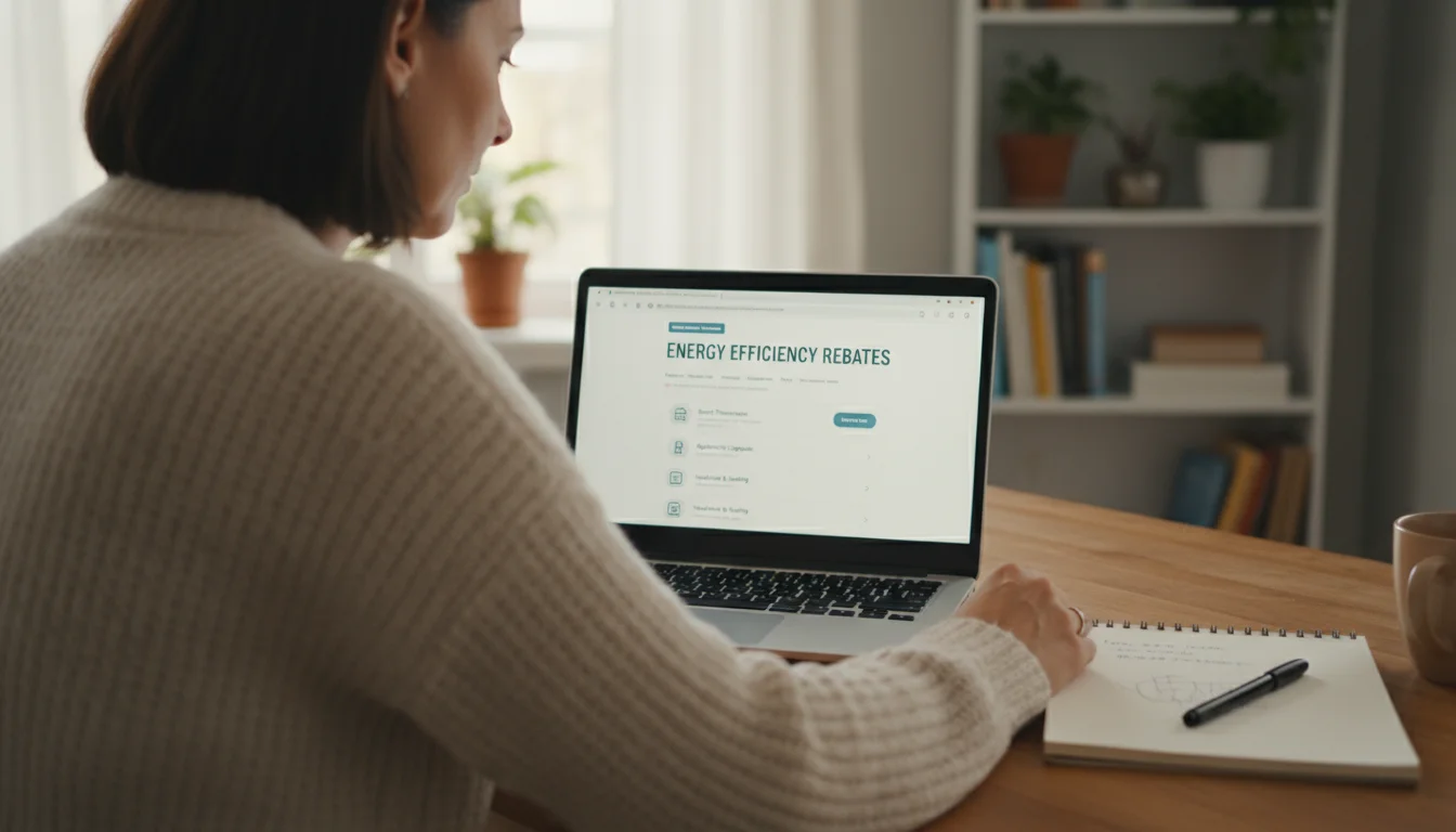 Person in a comfortable sweater actively researching energy efficiency rebates on a laptop, with a notebook open beside it.