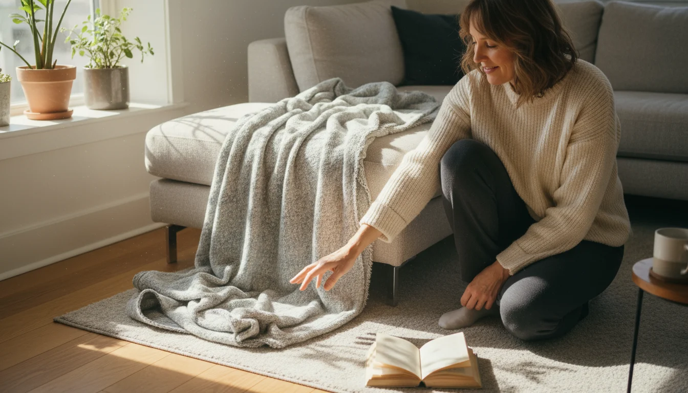 A person in a comfortable sweater kneels by a sofa with a rumpled throw, calmly picking up a book from the floor in a naturally lit living room.