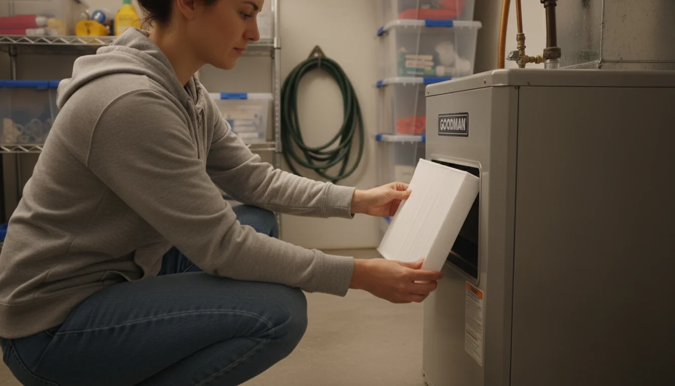 Person in a comfortable sweater slides a new furnace filter into a clean furnace in a tidy utility space.